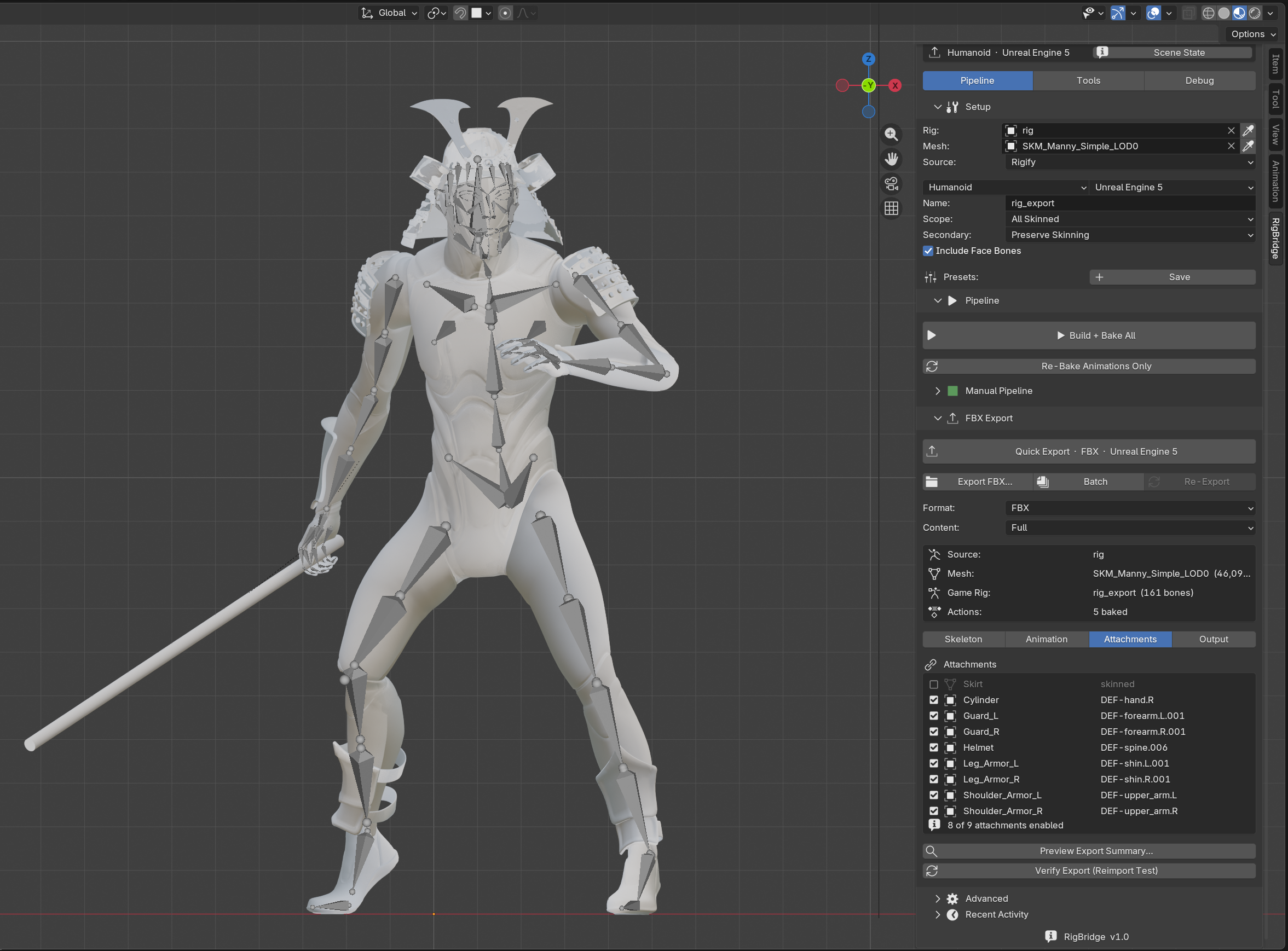 Samurai character in RigBridge with Attachments tab listing helmet, guards, shoulder armor, and weapon parented to bones